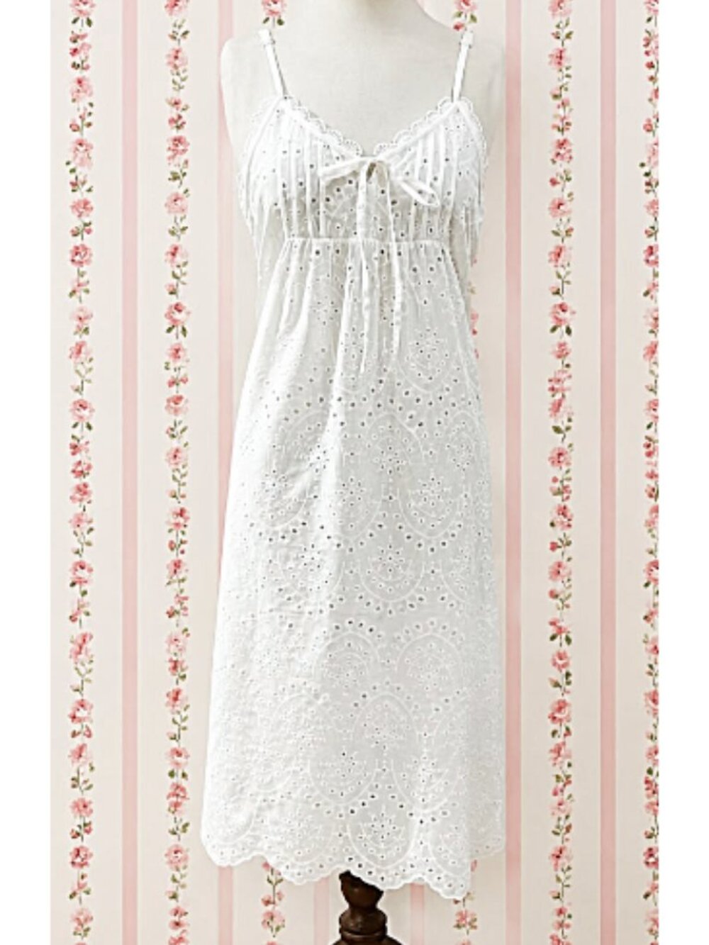 SoieRose White Eyelet 100% Cotton Victorian Spaghetti Strap Nightgown - SR-1341